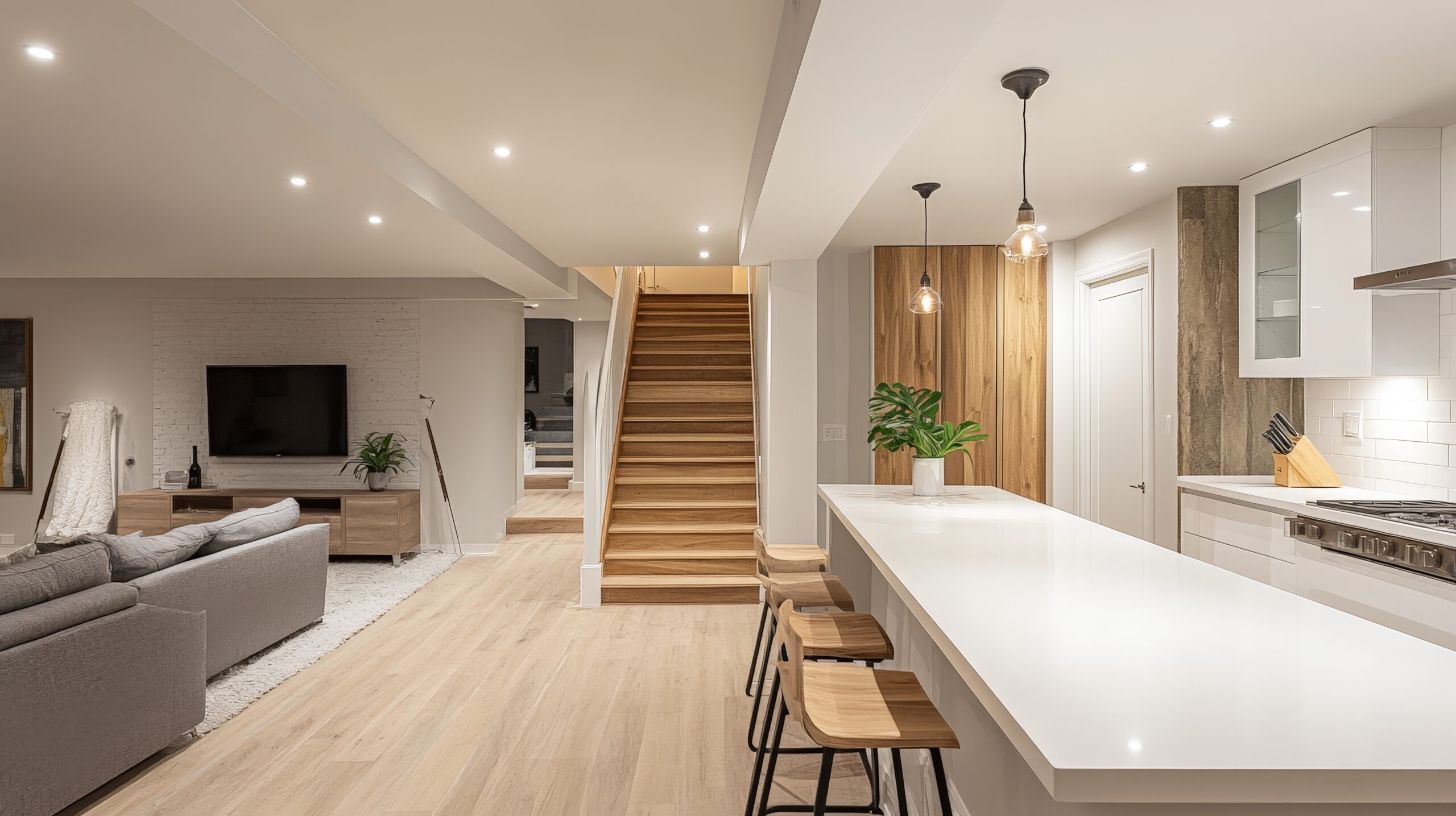 A beautifully renovated basement with a striking white countertop and a fashionable staircase offers an inviting atmosphere, ideal for entertaining guests
